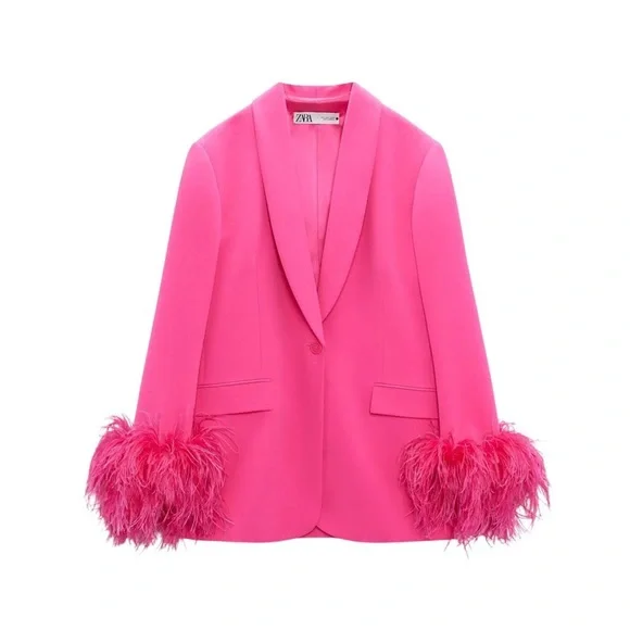 Zara Pink Feather Cuff Blazer - Picture 1 of 4